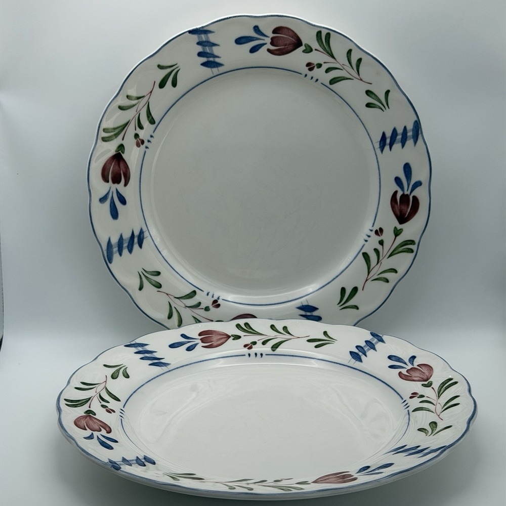 Vtg Provincial Designs Nikko Japan 2 Dinner Plates 10.25"  Tulip Blue Red Floral